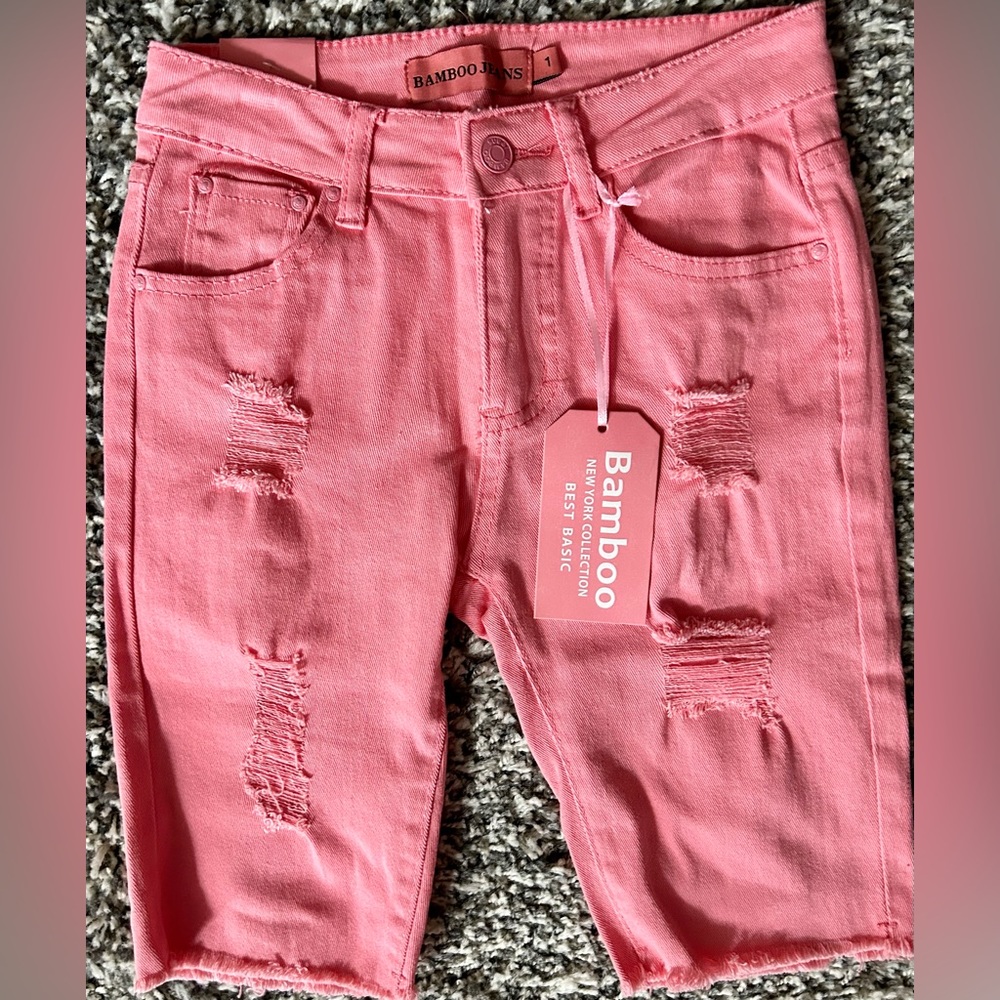 Shorts ,Junior Size 1, denim stretch,pink,Bermuda cutoff ,Distressed